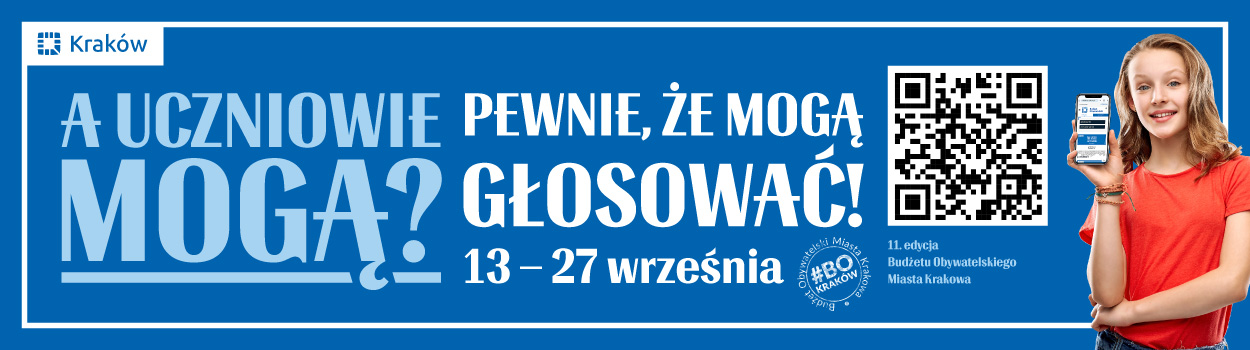 biały napis na niebieskim tle a uczniowie mogą? pewnie ż mogą głosować! 13-27 września z prawej kod qr oraz dziewczyna trzymająca smartfon